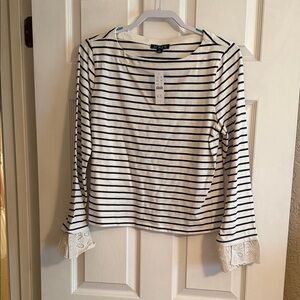 J. Crew Navy and White Striped Blouse with Lace Cuffs